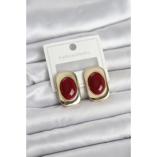 Bordo Renk Kare Model Vintage Kadın Küpe