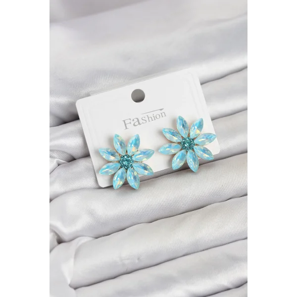 Buz Mavisi Renk Kristal Taşlı Lotus Çiçek Model Kadın Küpe