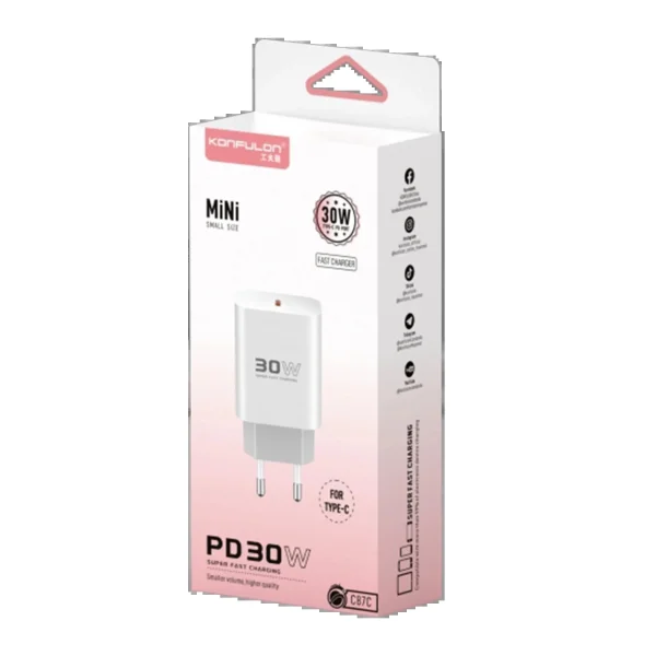 C87C 30W Type-C Çıkışlı Ekstra DL51 1M Type-C to Type-C Kablolu PD Şarj Cihazı - Beyaz-(5796)