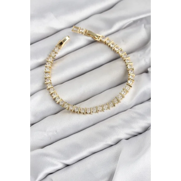 CM Şerit Model Zirkon Taşlı VIP Seri Gold Renk Pirinç Kadın Bileklik
