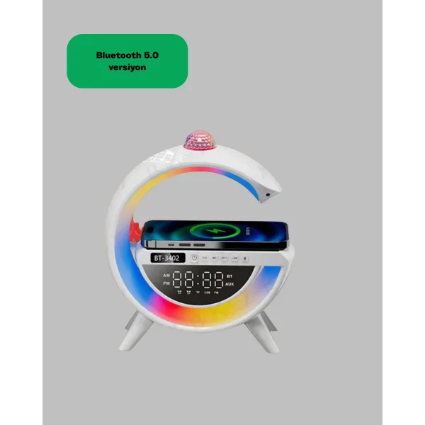 Dijital Saatli Kablosuz Şarj Destekli RGB LED Işıklı Bluetooth Ses Sistemi