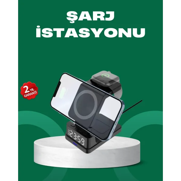 Dijital Saatli Kablosuz Şarj İstasyonu – 3’ü 1 Arada Apple Uyumlu Hızlı Şarj ve LED Ekran
