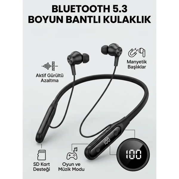 Ekranlı ve SD Kart Destekli Bluetooth 5.3 Boyun Bantlı Kulaklık