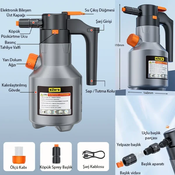 EZERE 2L Yüksek Basınçlı Şarjlı Köpük Makinası Oto Yıkama Pompası Köpük Püskürtücü-(5775)