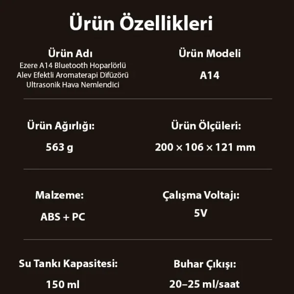 Ezere A14 Bluetooth Hoparlörlü Alev Efektli 8 Sesli Renkli Alev Görünümlü Aromaterapi Difüzörü Ultrasonik Hava Nemlendici-(5775)
