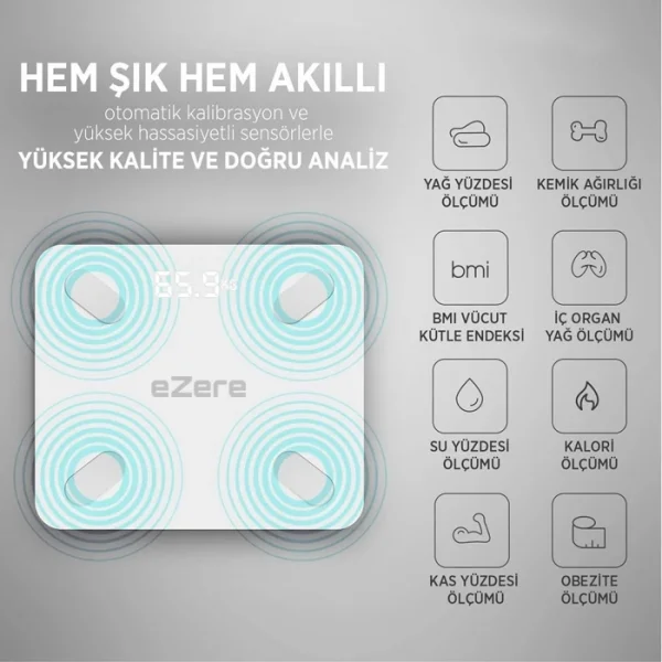 EZERE Body Composition Scale Yağ Ölçer Fonksiyonlu Akıllı Bluetooth Tartı Baskül-(5775)