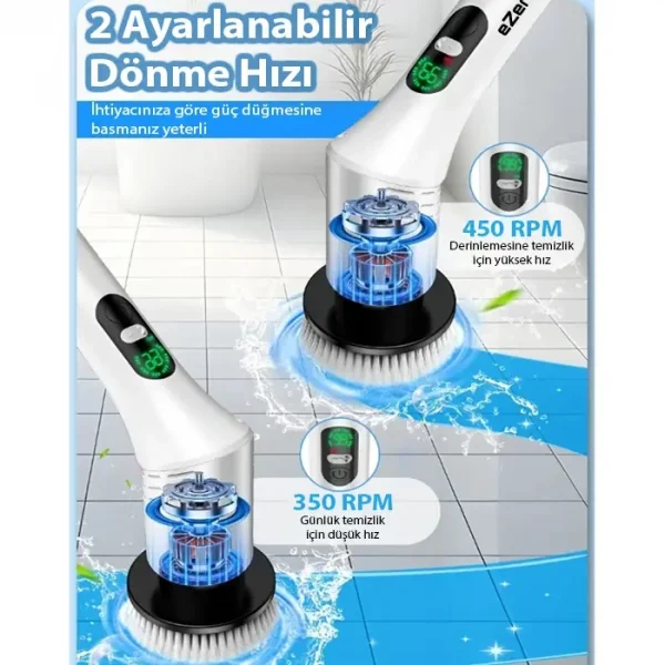 EZERE SpinPro 9-in-1 Teleskopik Şarjlı Dijital Temizlik Fırçası-(5775)