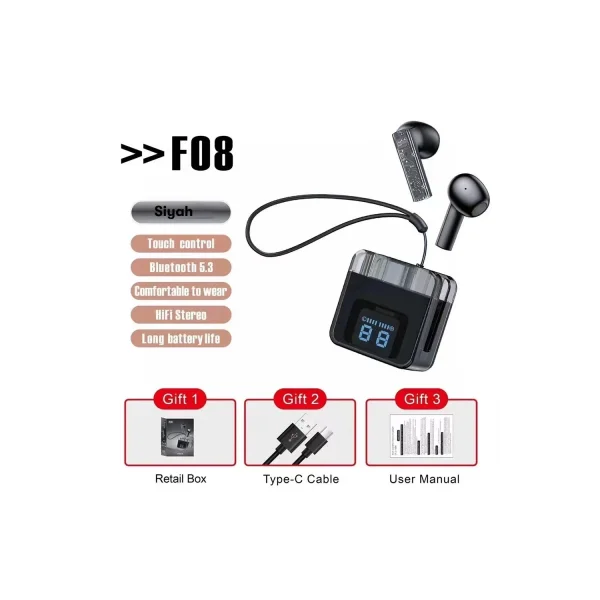 F08 Dijital Şarj Göstergeli TWS Bluetooth Kulaklık - Siyah-(5796)