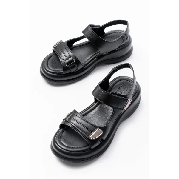 Ginya Siyah Cilt Cırt Cırtlı Sandalet