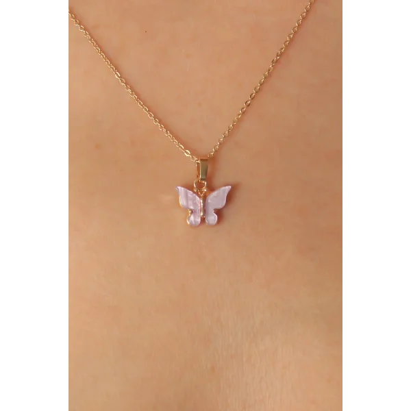 Gold Lila Renk Kelebek Figür Kadın Kolye