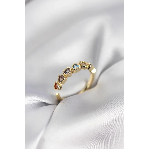 Gold Renk Kalp Model Renkli Zirkon Taşlı Kadın Yüzük