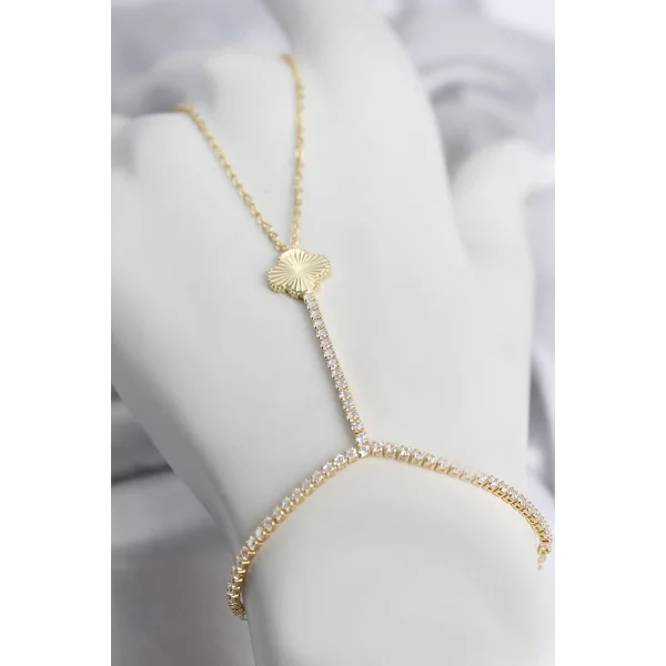 Gold Renk Pirinç Lazerli Yonca Model Zirkon Taşlı Şahmeran