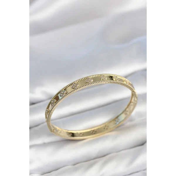 Gold Renk Pirinç Yonca Model Zirkon Taşlı Kadın Kelepçe Bileklik