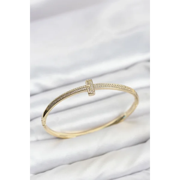 Gold Renk T Model Zirkon Taşlı Kadın Kelepçe Bileklik