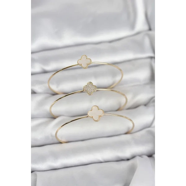 Gold Renk Yonca Model Zirkon Taşlı 3lü Kadın Bileklik Kombini