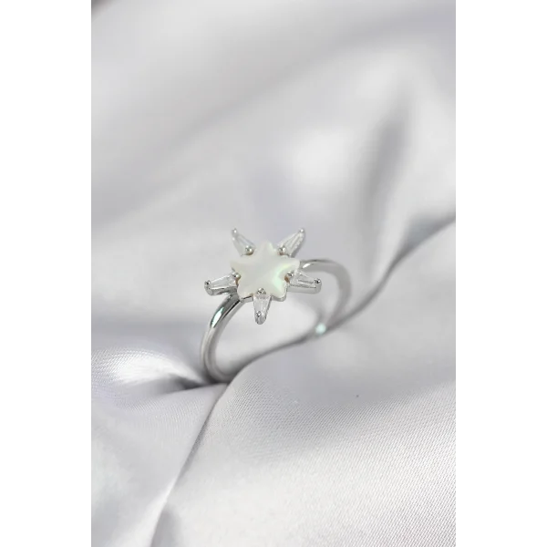 Gümüş Renk Yıldız Model Sedefli Zirkon Taşlı Kadın Yüzük