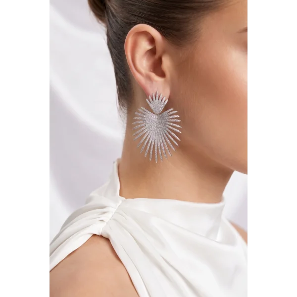 Gümüş Renk Zirkon Taşlı Palmiye Model Kadın Abiye Küpe