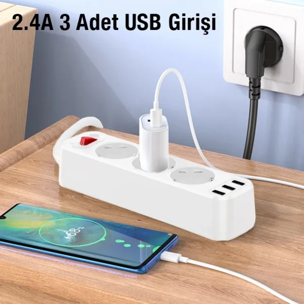 HOCO NS2 3lü Priz 3 USB 4000W 1.8 Metre Şarj Uzatma Kablosu Akım Korumalı-(5775)