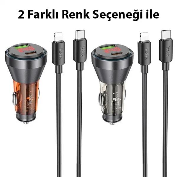 HOCO NZ12B Unimpeded PD48W USB + Type-C Araç Çakmaklı Hızlı Şarj Aleti + Type-C to iPhone Kablo-(5775)