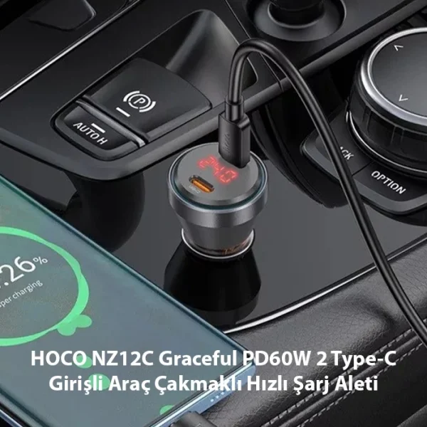 HOCO NZ12C Graceful PD60W 2 Type-C Girişli Araç Çakmaklı Hızlı Şarj Aleti-(5775)