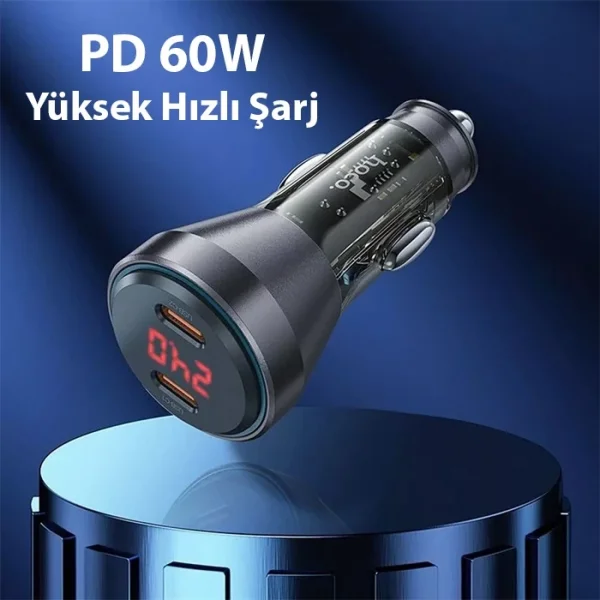 HOCO NZ12C Graceful PD60W 2 Type-C Girişli Araç Çakmaklı Hızlı Şarj Aleti + Type-C to iPhone Kablo-(5775)