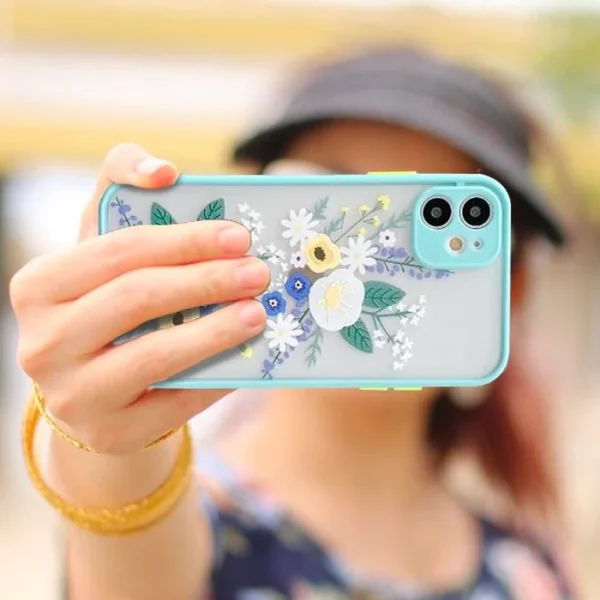 iPhone 12 6.1inç Kamera Korumalı Çiçek Desenli Silikon Kılıf-(5775)