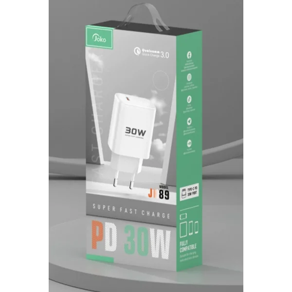 JK89 30W Type-C Çıkışlı Ekstra DC67 1M Type-C to Type-C Kablolu PD Şarj Cihazı - Beyaz-(5796)