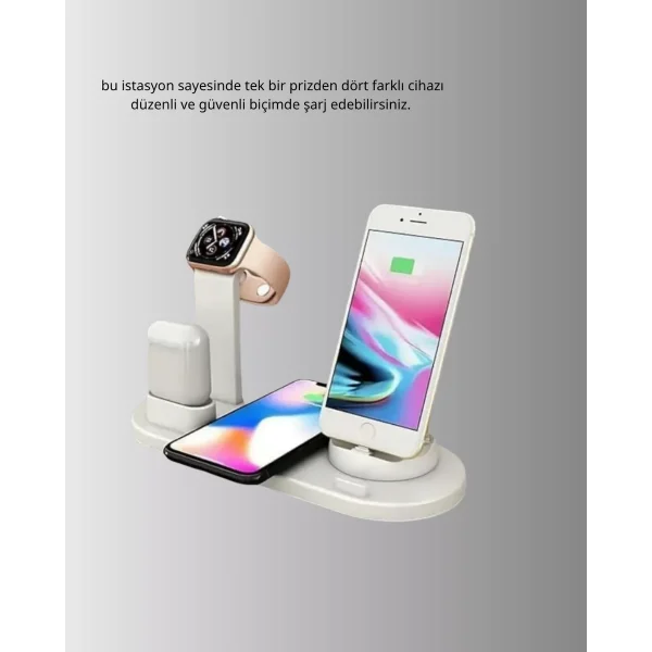 Kablosuz Şarj İstasyonu 4’ü 1 Arada iPhone Watch ve AirPods Uyumlu