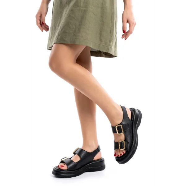 Kaji Siyah Cilt Çift Tokalı Sandalet