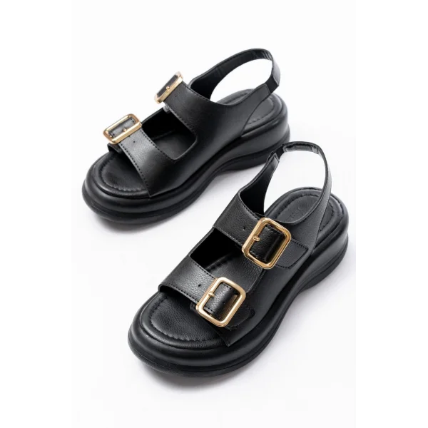 Kaji Siyah Cilt Çift Tokalı Sandalet