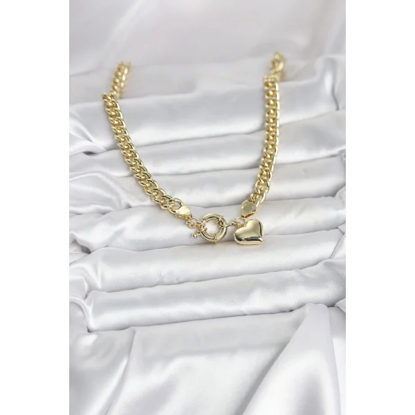 Kalp Detaylı Gold Renk Pirinç Kadın Kolye