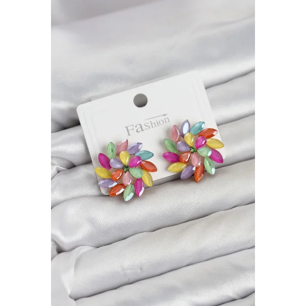 Karışık Renk Kristal Taşlı Çiçek Model Kadın Küpe