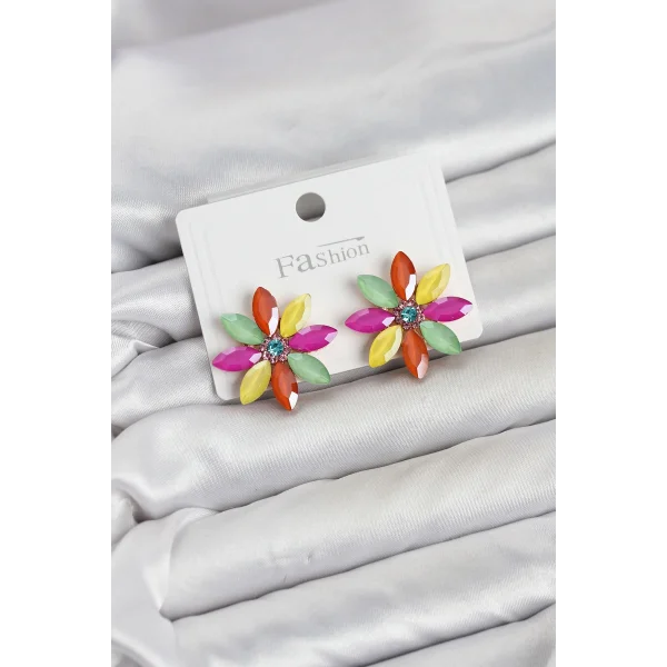 Karışık Renk Kristal Taşlı Lotus Çiçek Model Kadın Küpe