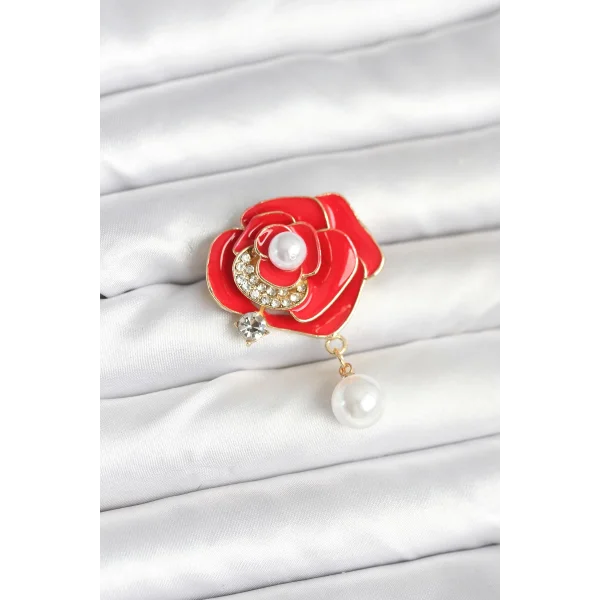 Kırmızı Gül İncili Model Broş