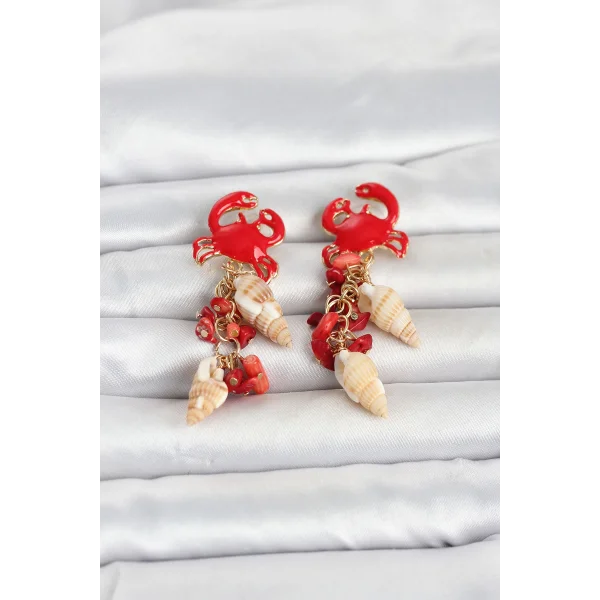 Kırmızı Yengeç Model Deniz Kabuğu Detaylı Kadın Küpe