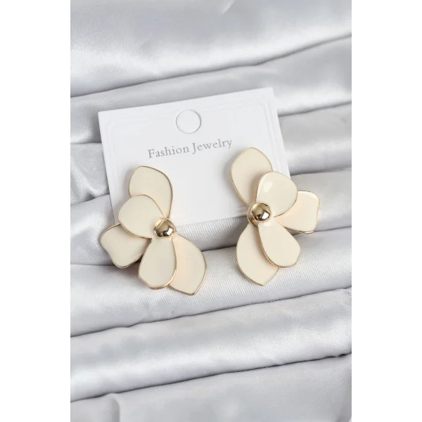 Krem Mineli Lotus Model Pirinç Kadın Küpe