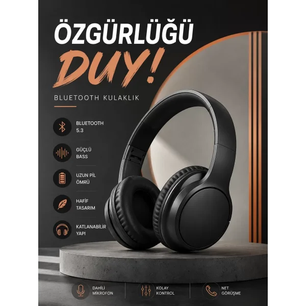 Kulak Üstü Bluetooth Kulaklık Ayarlanabiilir Uzun Pil Ömrü Kablosuz 5.0 Bluetooth