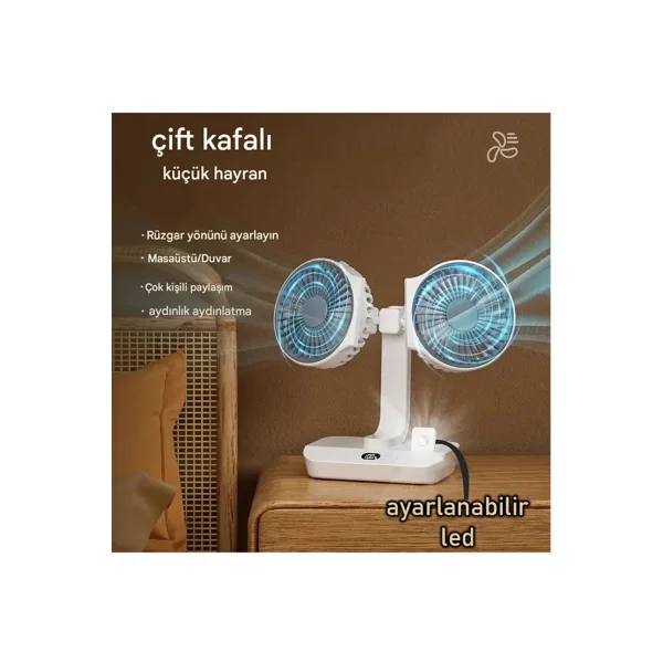 Masaüstü Dijital Ekranlı Çift Fanlı Led Işıklı Soğutucu Fan Ev Ofis Şarjlı Vantilatör