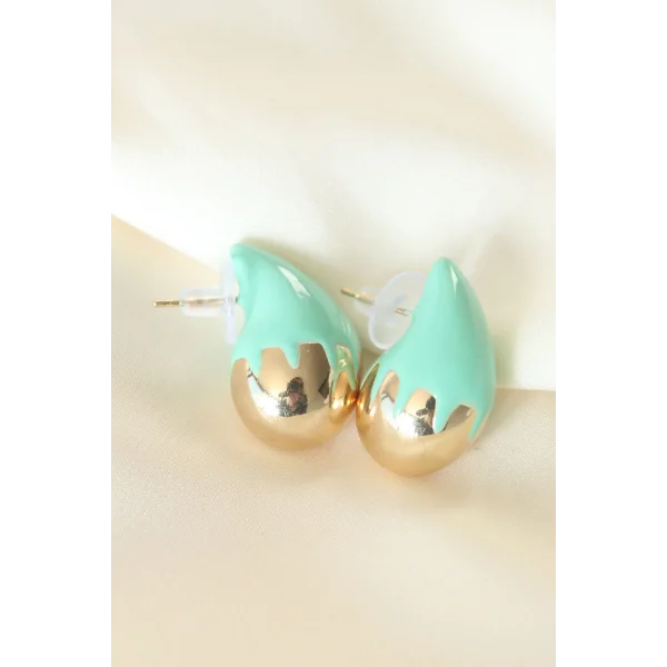 Minimal Turkuaz Mineli Çift Renk Damla Küpe