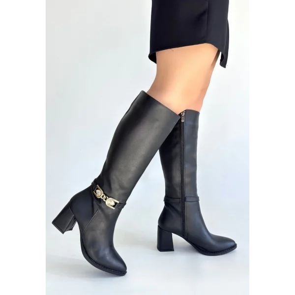 Mooni Siyah Cilt Topuklu Çizme
