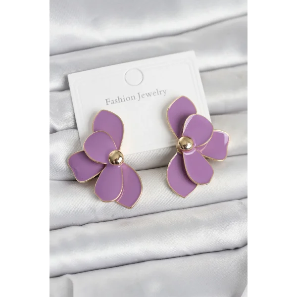 Mor Mineli Lotus Model Pirinç Kadın Küpe