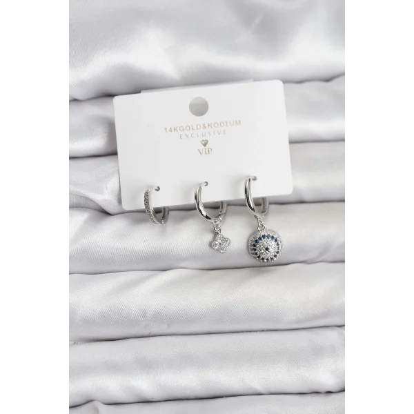 Nazar Model Gümüş Renk Pirinç 3lü Kadın Küpe Seti