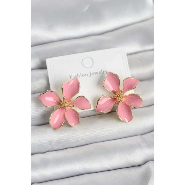 Pembe Mineli Çiçek Model Pirinç Kadın Küpe