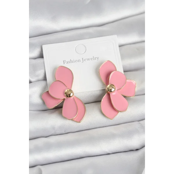 Pembe Mineli Lotus Model Pirinç Kadın Küpe