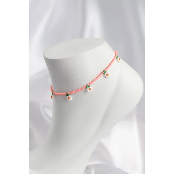 Pembe Renk Boncuklu Papatya Motifli Halhal