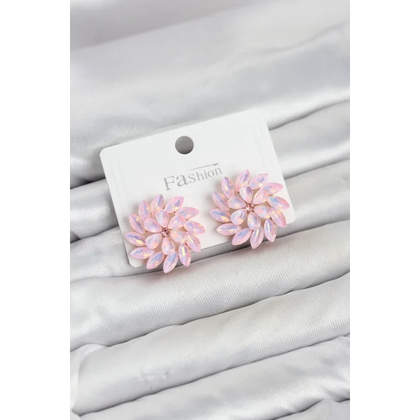 Pembe Renk Kristal Taşlı Çiçek Model Kadın Küpe