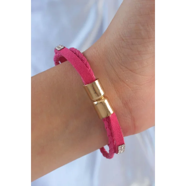 Pembe Renk Zirkon Taşlı Deri Çoklu Bileklik