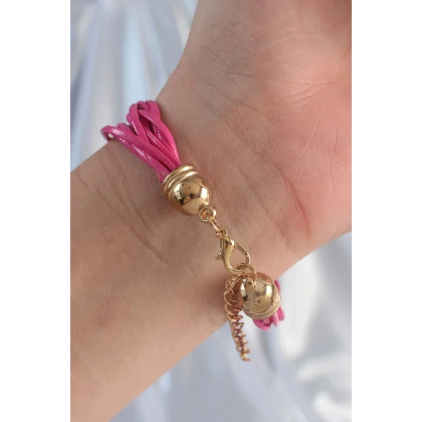 Pembe Renk Zirkon Taşlı İpli Çoklu Bileklik