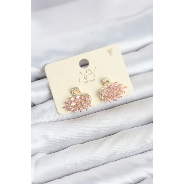 Pembe Zirkon Taşlı Gold Swan Kuğu Model Kadın Küpe