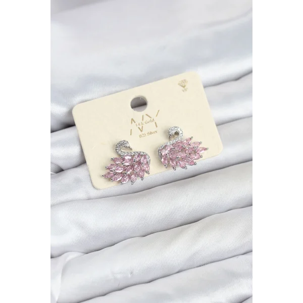 Pembe Zirkon Taşlı Gümüş Swan Kuğu Model Kadın Küpe